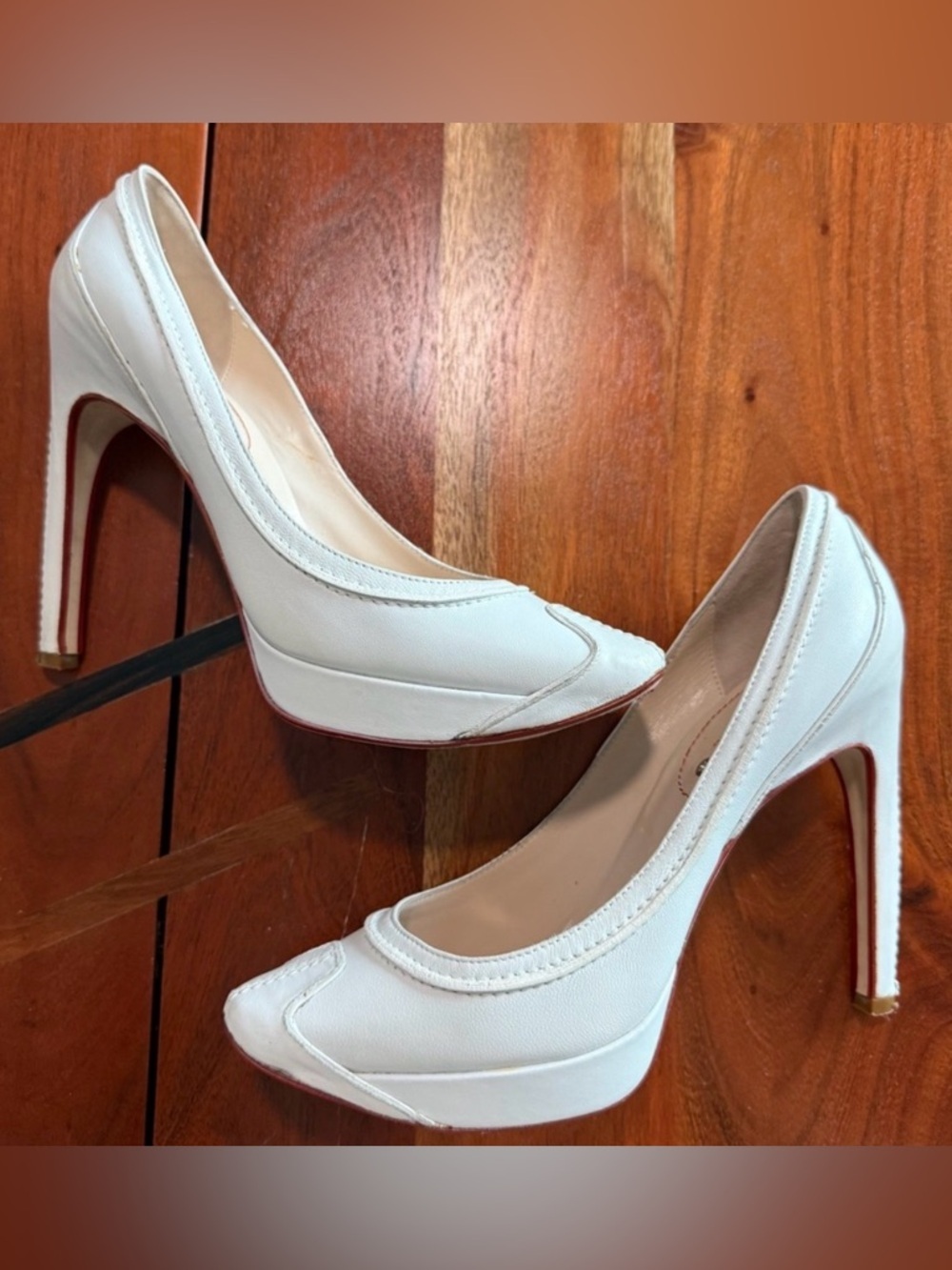 Celine White High Heels with Red accents and tan leather Soles